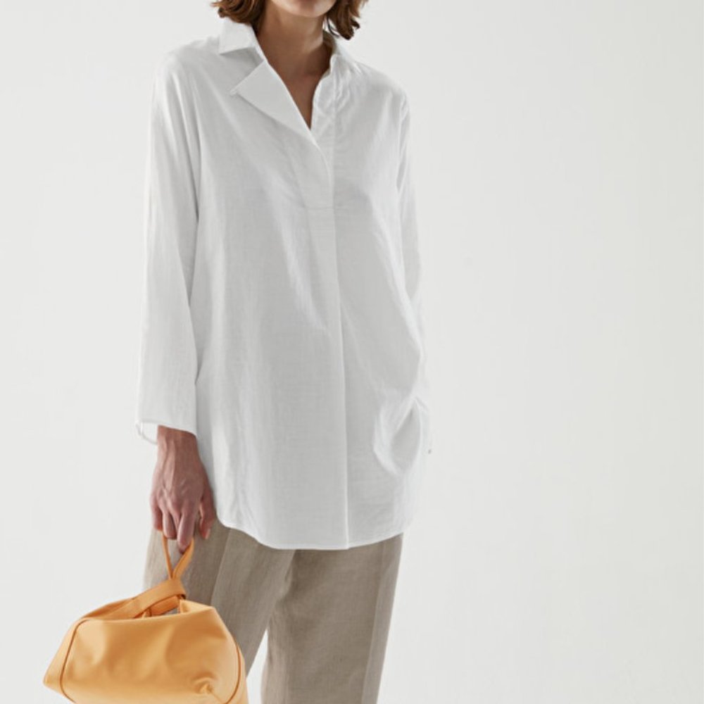 COS WHITE COLLARED MINIMALIST POPOVER SHIRT SIZE 8